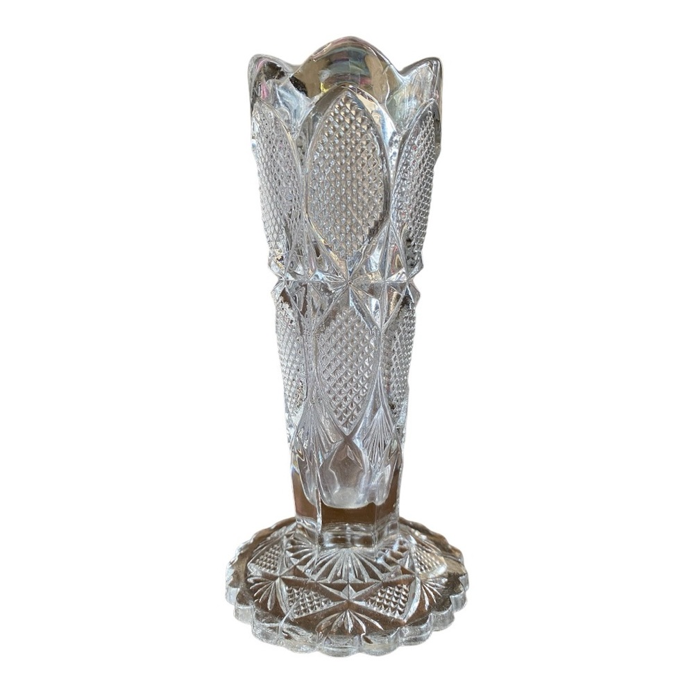 Antique EAPG Clear Pressed Glass Bud Vase Diamond Pattern Scalloped 6"
